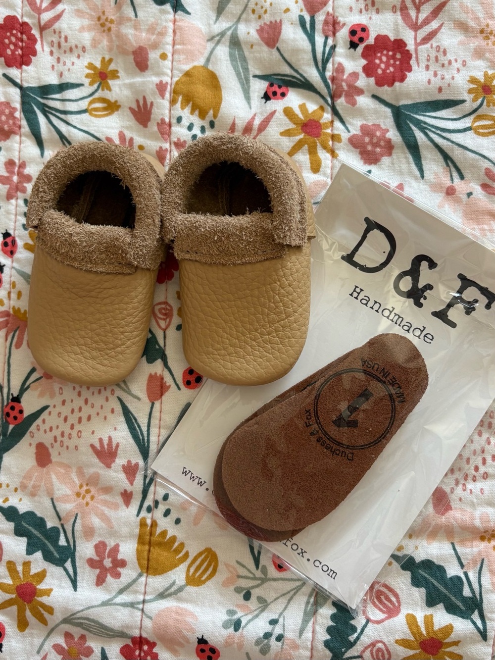 Baby Tan Leather Moccasin Booties with Cozy Cuff